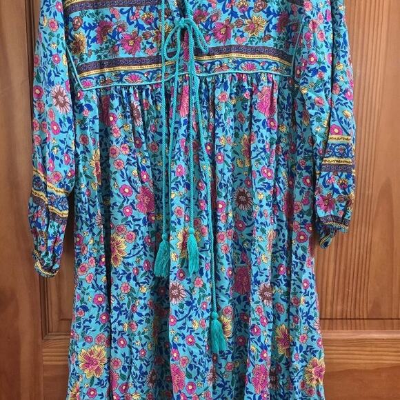 Dresses & Skirts - R.Vivimos Women's Floral Print Boho V Neck Tassel Midi Dress Teal Size M